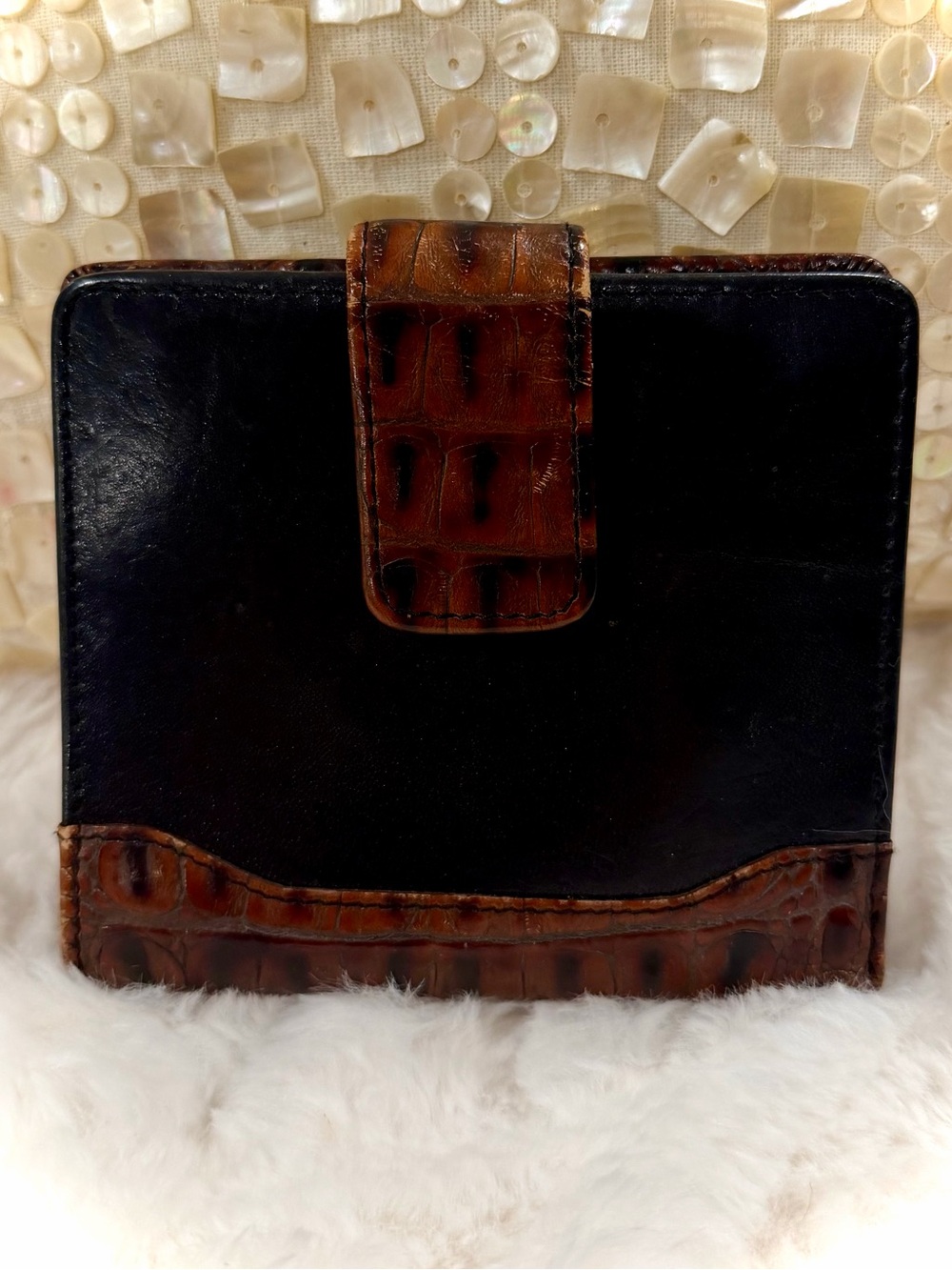 Vintage Bifold Brahmin Tuscan collection Black Leather Wallet with Brown Trim